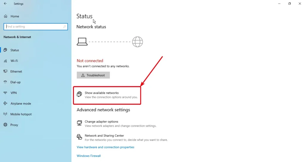 Network & internet menu in windows 10 