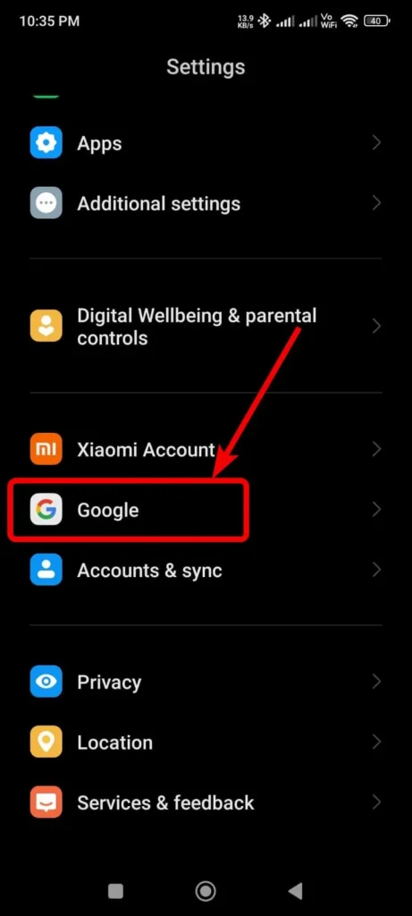 Screenshot of google account option in phone