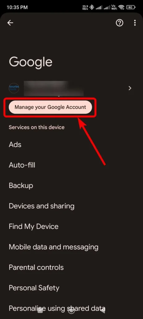 Screenshot of google Manage Your account option in phone 