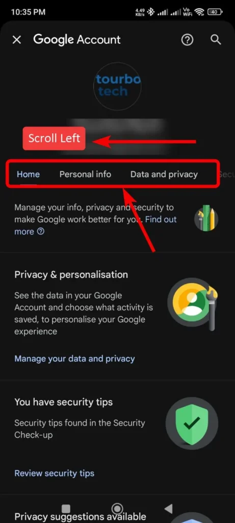 Screenshot of google Manage Your account option in phone 