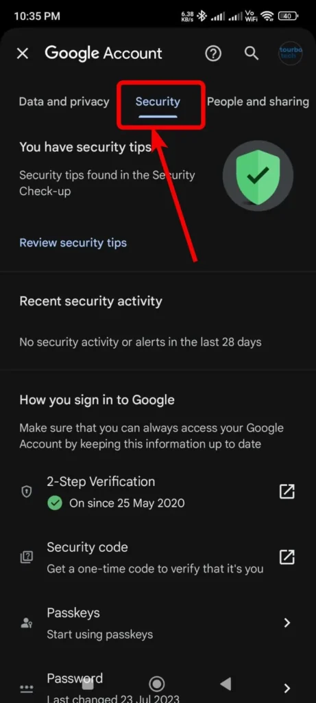 Screenshot of google account  security option in phone 