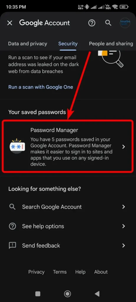 Screenshot of google password manager  option in phone 