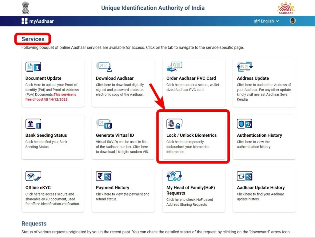 Aadhar card biometrics lock or unlock process 